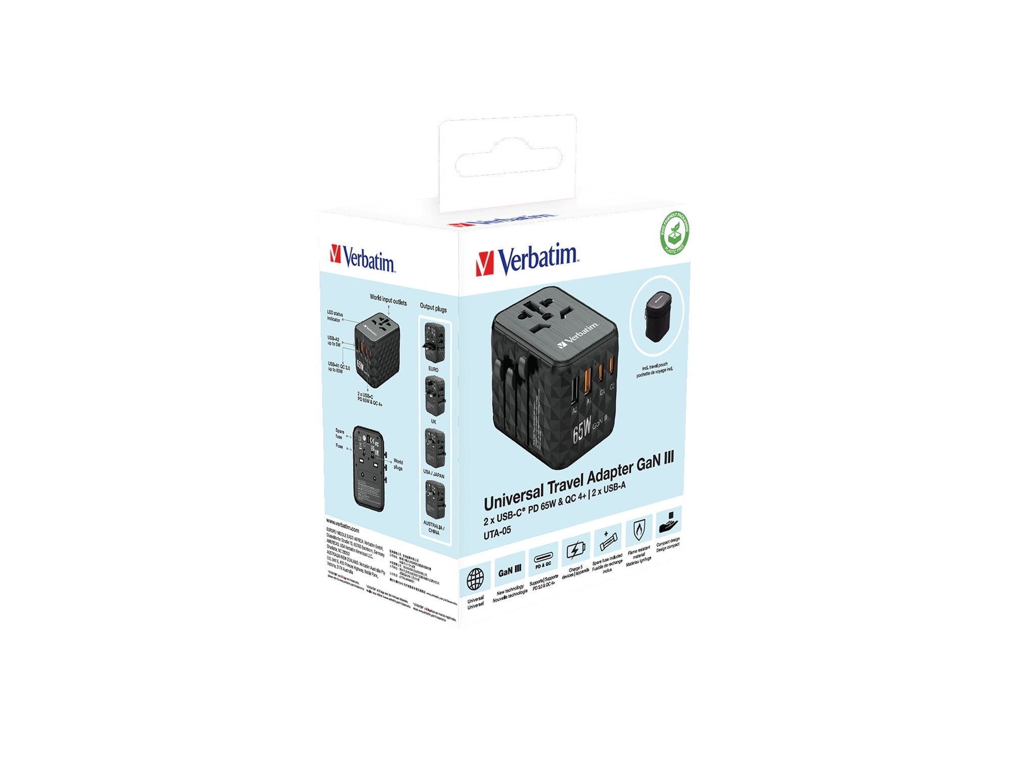 Cargador De Pared Universal Verbatim Uta-05 Gan Iii Toma De Corriente Universal 2xusb Tipo-C 2xusb 65w