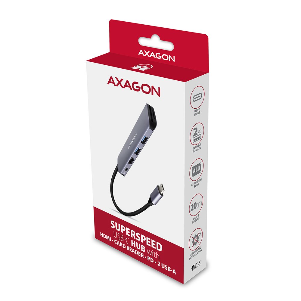 Axagon Hmc-5 Usb-C-Hub, 2x Usb-A, Hdmi, 2x Usb-C 3.2 Gen 1, 1x Sd, 1x Microsd, Plata