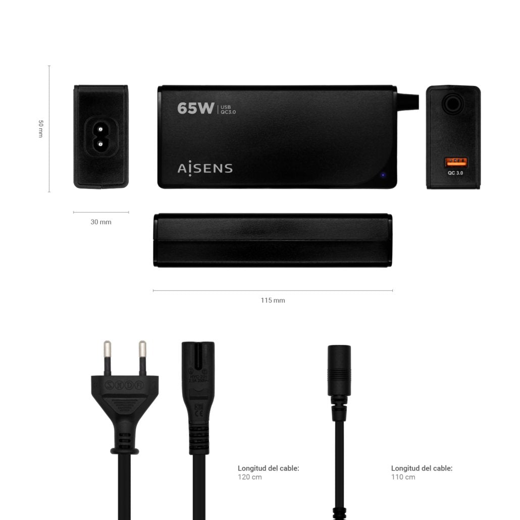 Aisens Cargador 65w Automatico Universal Para Portatil 9 Conectores + Usb-A Qc.3.0 - Negro