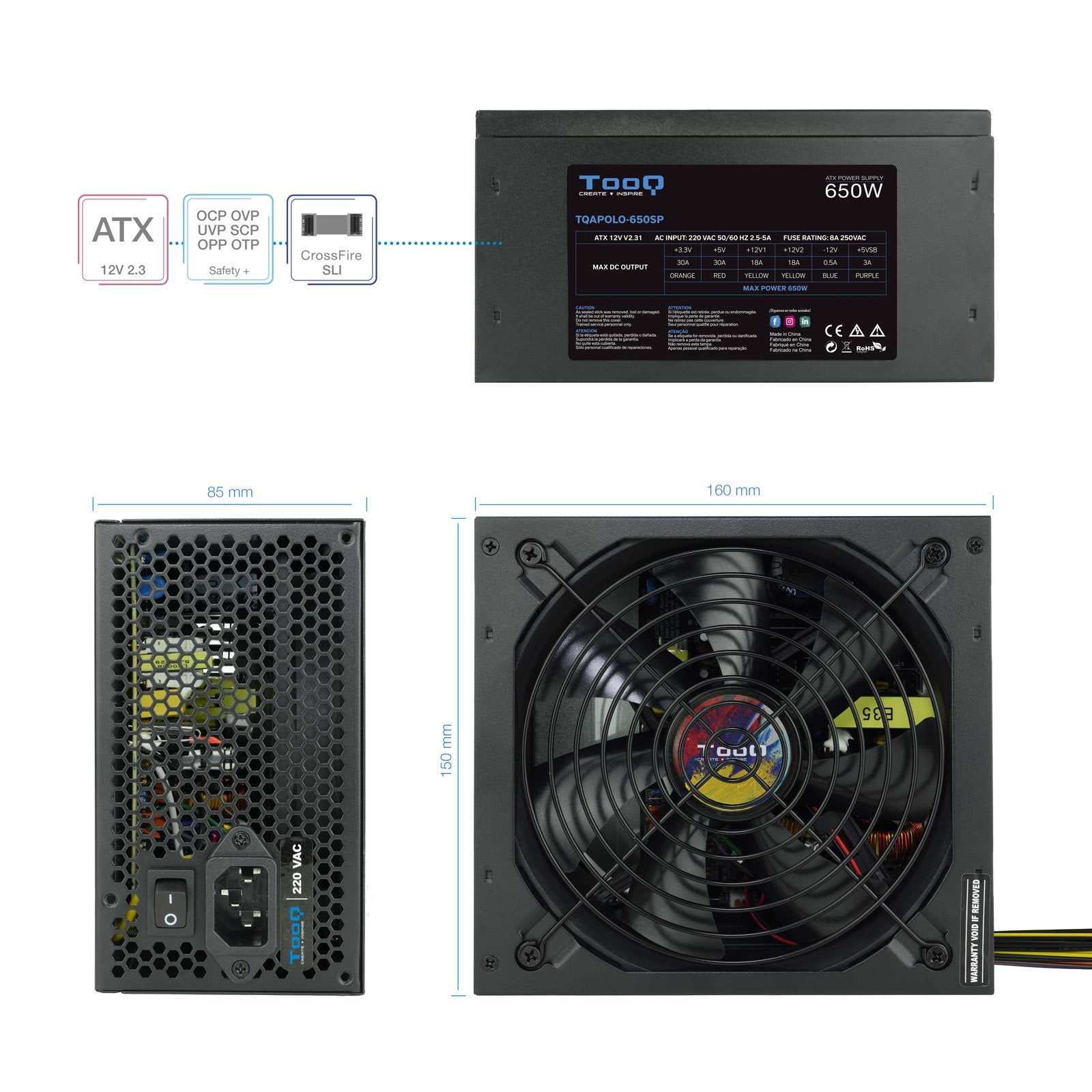 EAN 8433281010291 - TooQ TQAPOLO-650SP unidad de fuente de alimentación 650 W 20+4 pin ATX ATX Negro imagen 4