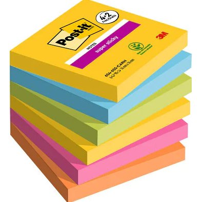 Post-It Super Sticky Pack De 6 Blocs De 90 Notas Adhesivas Reposicionables - Forma Cuadrada - 76x76mm - Colores Surtidos