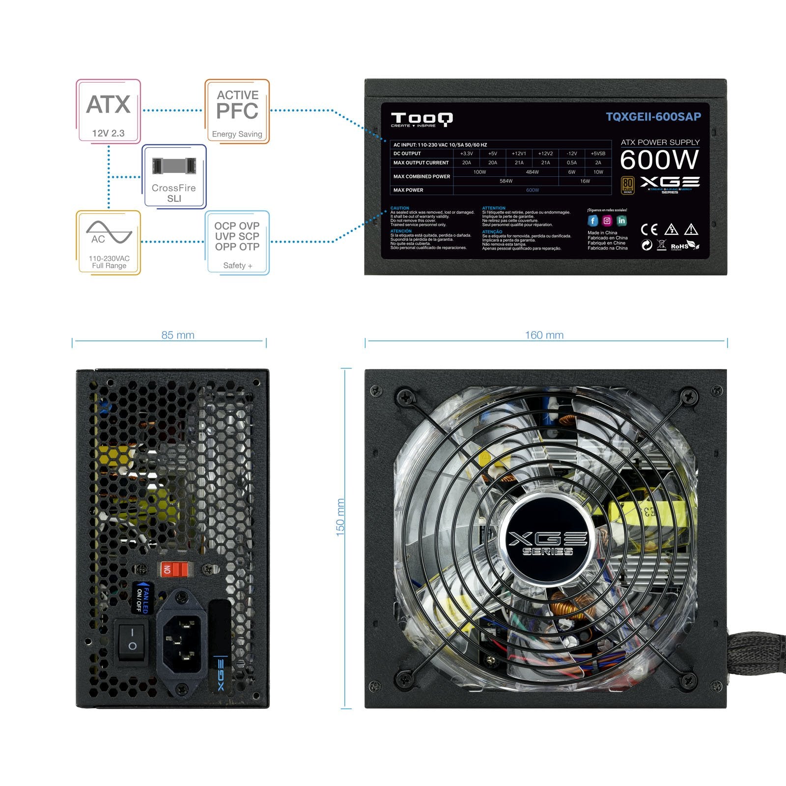 Tooq Xge Ii Fuente De Alimentacion Gaming 600w Atx 2.3 12v - Pfc Activo - Certificacion 80 Plus Bronze - Ventilador