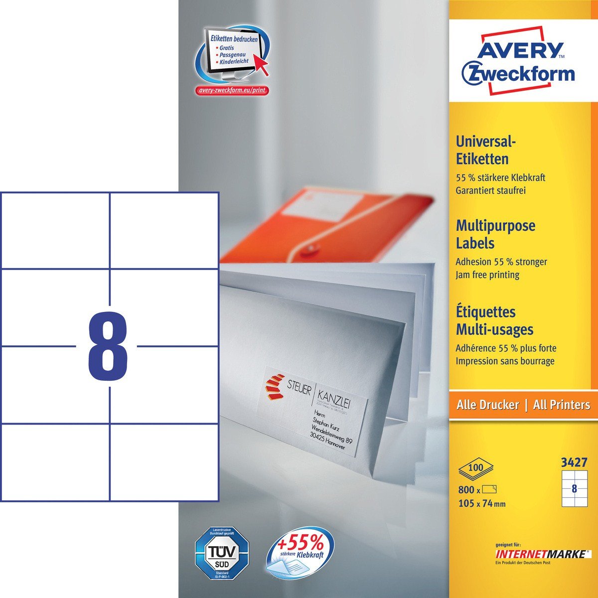 Avery Zweckform Etiketten 3427 Weiss 105,0 X 74,0 Mm - 800 Stück