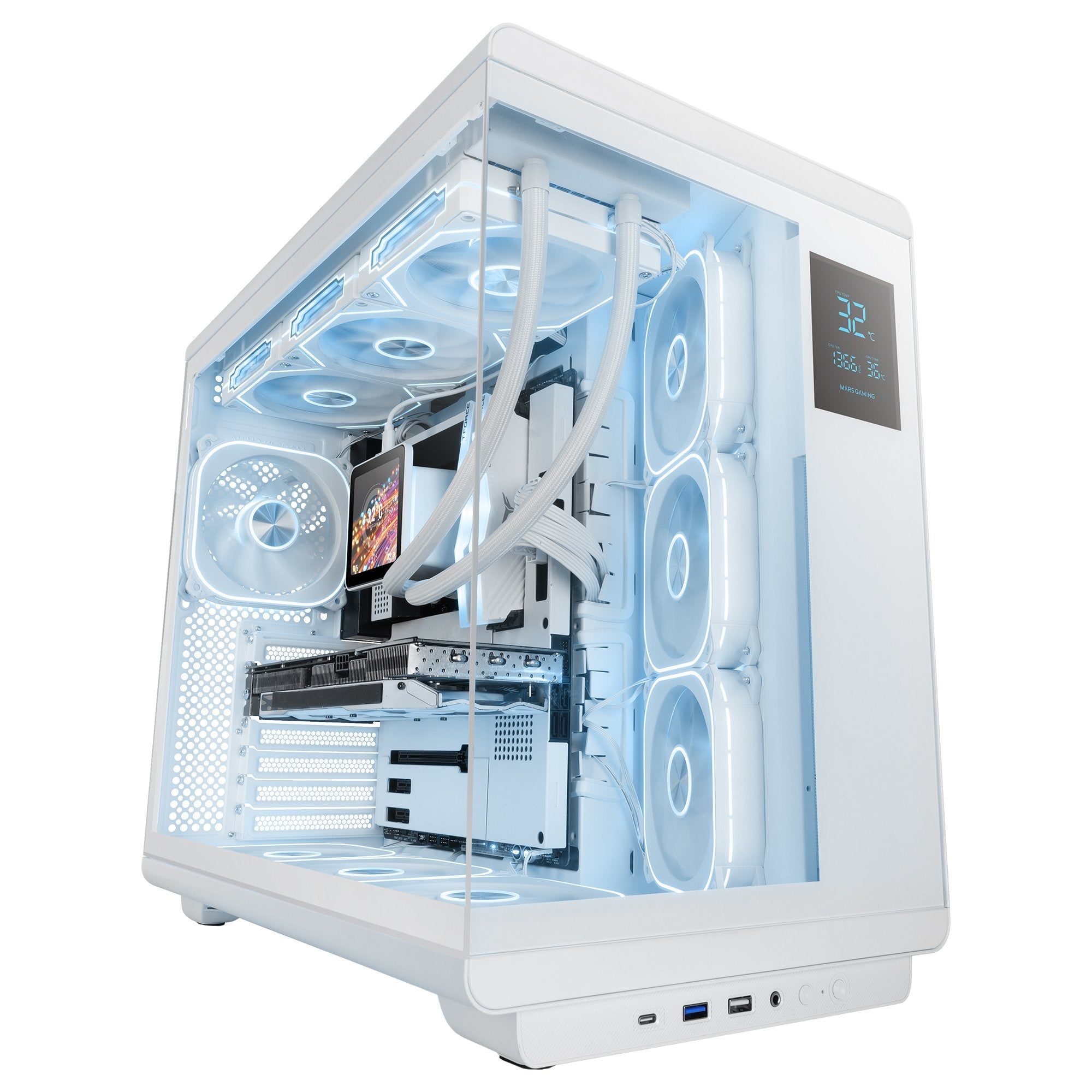 Caja Pc Atx Mars Gaming Mc-Revpro Pantalla Lcd 4.3" Cristal Templado 4x Ventiladores Argb Blanco