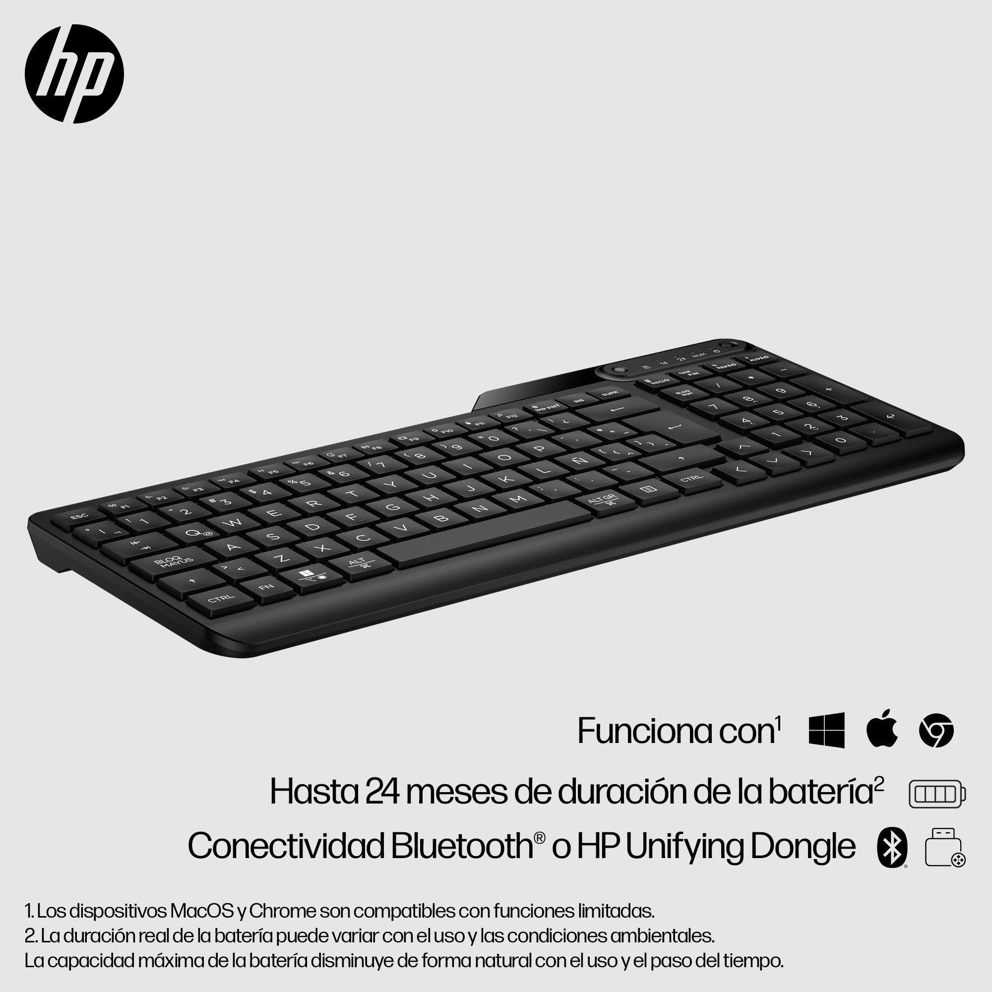 Teclado Español Hp 475 Modo Dual 12 Botones Programables Inalámbrico Bluetooth 5.3 Negro Azabache
