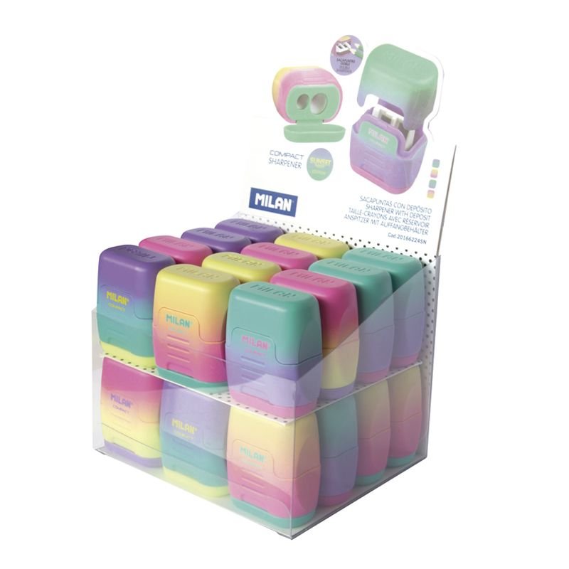 Milan Afilalápices Compact Sunset Doble Con Depósito 4 Colores Expositor -24u-