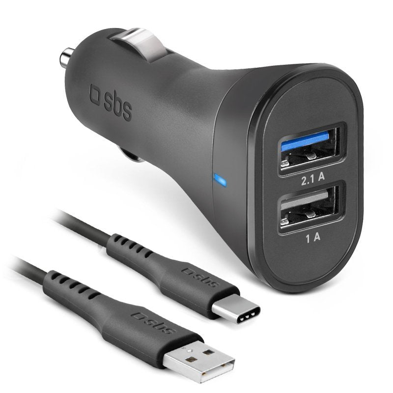 Kit Cargador Coche Mini Sbs 2x Usb 12/24v 2400 Mah Carga Rapida Con Cable Tipo C