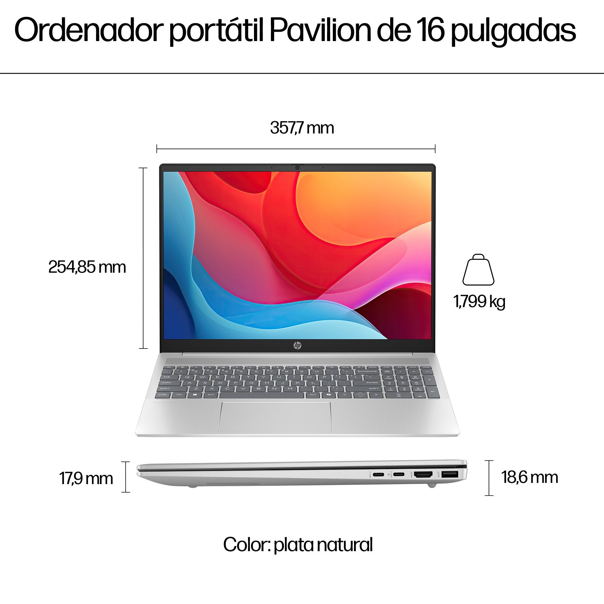 EAN 198990421858 - HP Pavilion 16-ag0005ns AMD Ryzen™ 7 8840U Portátil 40,6 cm (16") 2K 16 GB LPDDR5-SDRAM 1 TB SSD Wi-Fi 6 ( imagen 6