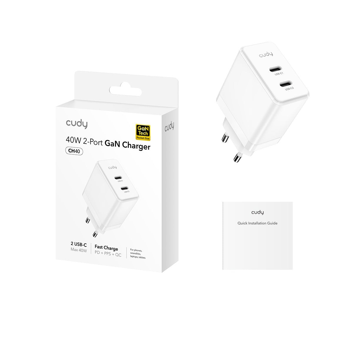 EAN 6971690794439 - Cudy 40W 2-Port GaN Charger, CH40 1.0 Universal Blanco Corriente alterna Carga rápida Interior imagen 2