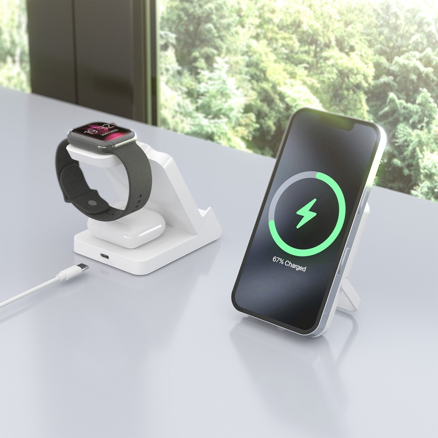 Aisens Cargador Inalambrico Usb-C 4 En 1 De 15w Para Movil, Apple Watch, Auriculares Con Estuche De Carga, Blanco