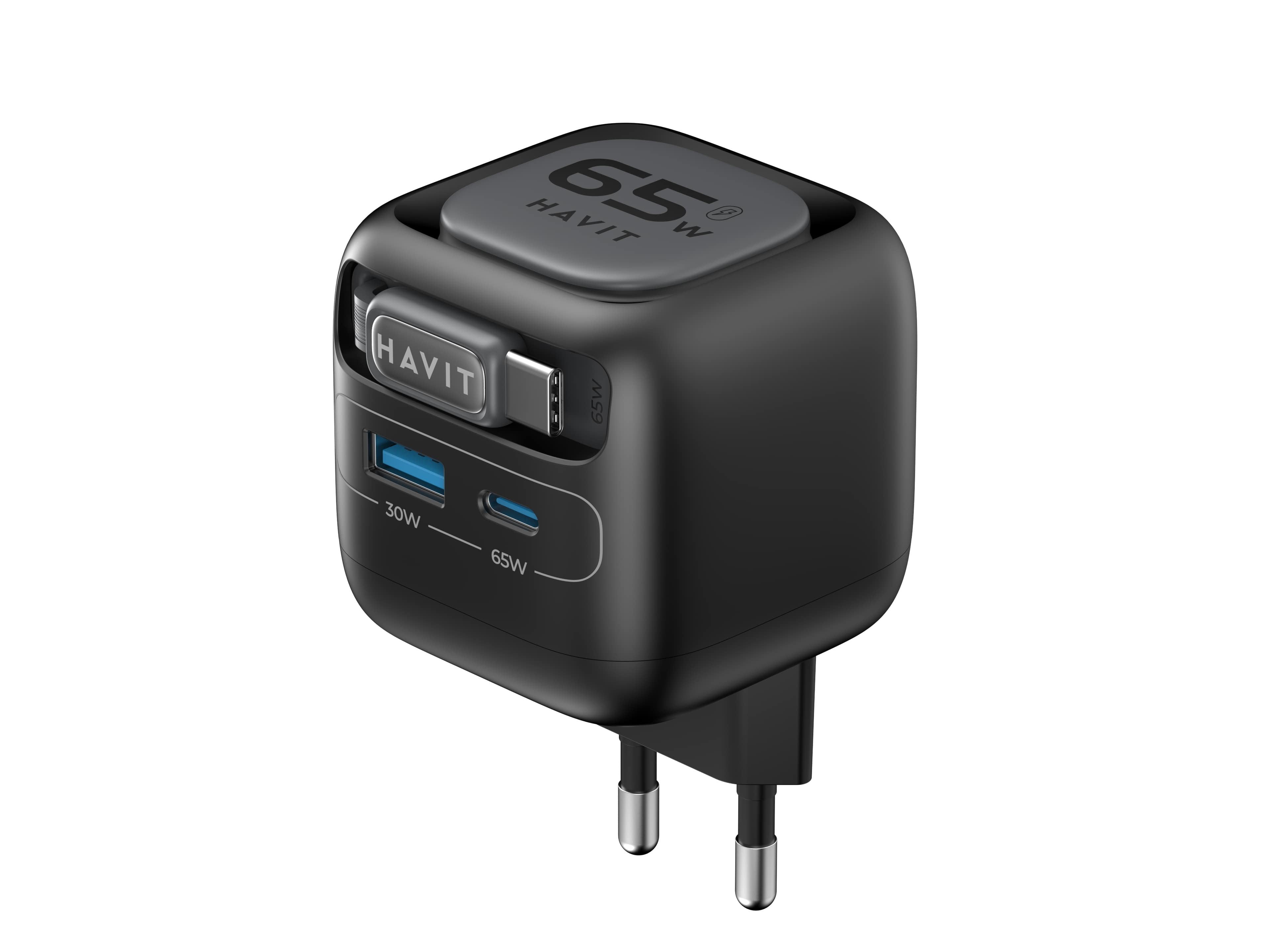 Havit Uc253 Eu - Cargador De Viaje Gan Con Cable Extensible, 65 W (Negro)