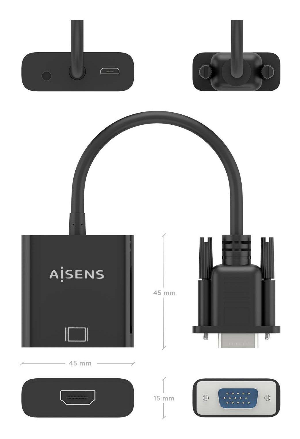 Aisens Cable Conversor Svga+Audio A Hdmi, Svga/M+Jack 3.5/H+Usb Microb/H-Hdmi A/H, Negro, 20cm