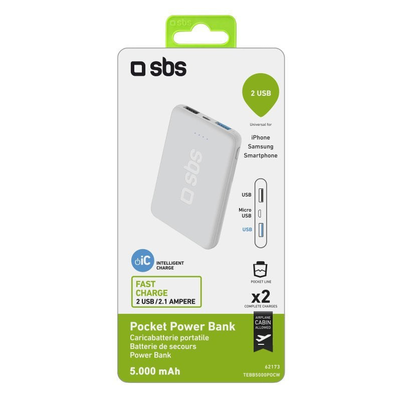 Sbs Powerbank Pocket Line 5.000 Mah 2x Usb 2.1a + 1a Micro-Usb Cable Blanco
