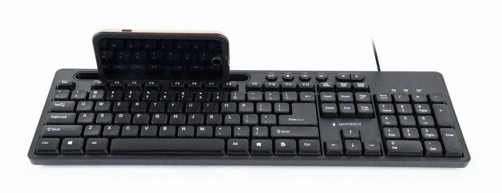 Teclado (Ingles) Multimedia Gembird Kb-Um-108 Usb, Diseño De Ee. Uu., Con Soporte Para Teléfono, Negro