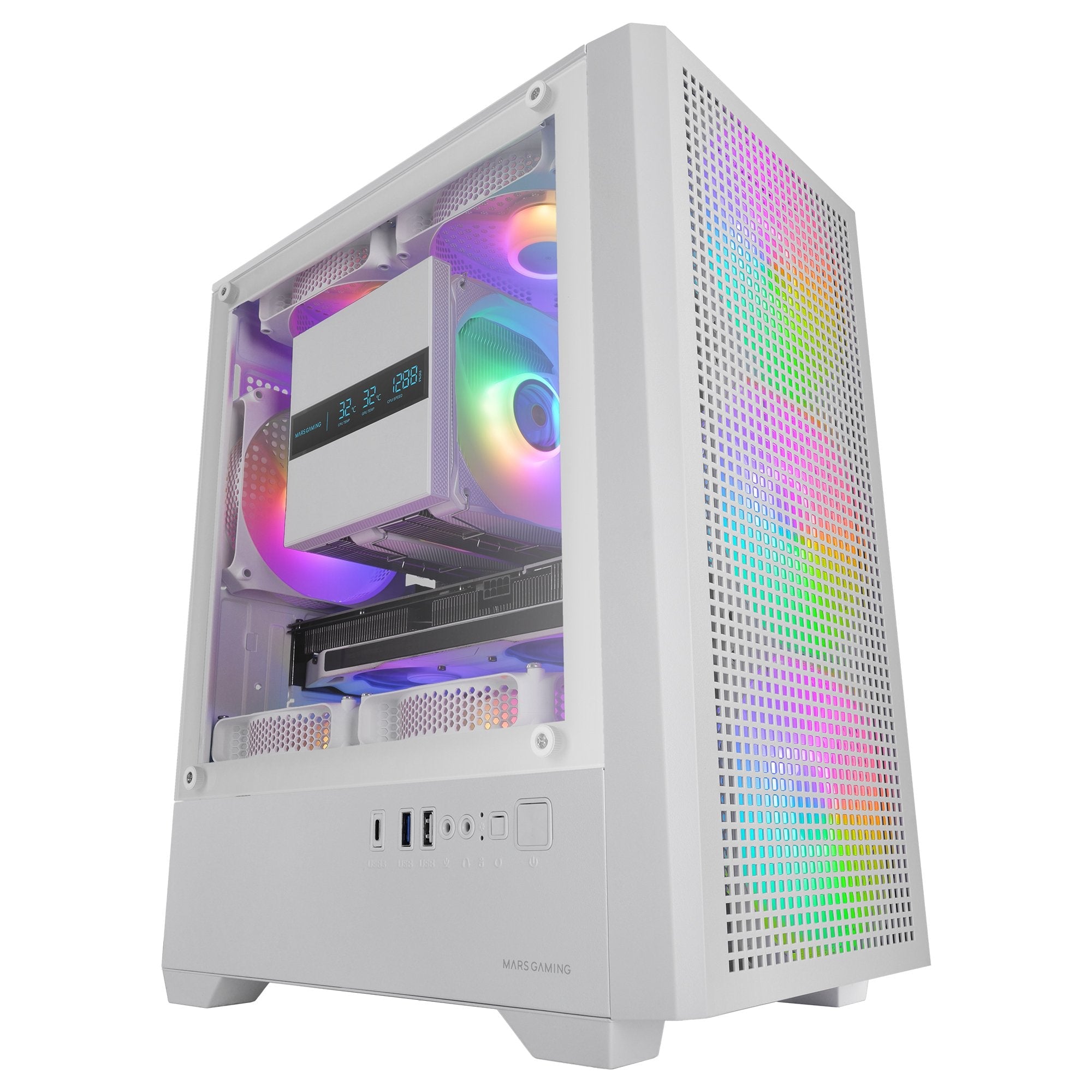 Caja Pc Micro Atx Mars Gaming Mc-Vectorw Gpu Max 282mm Cristal Templado Mesh Argb Usb-C Blanco