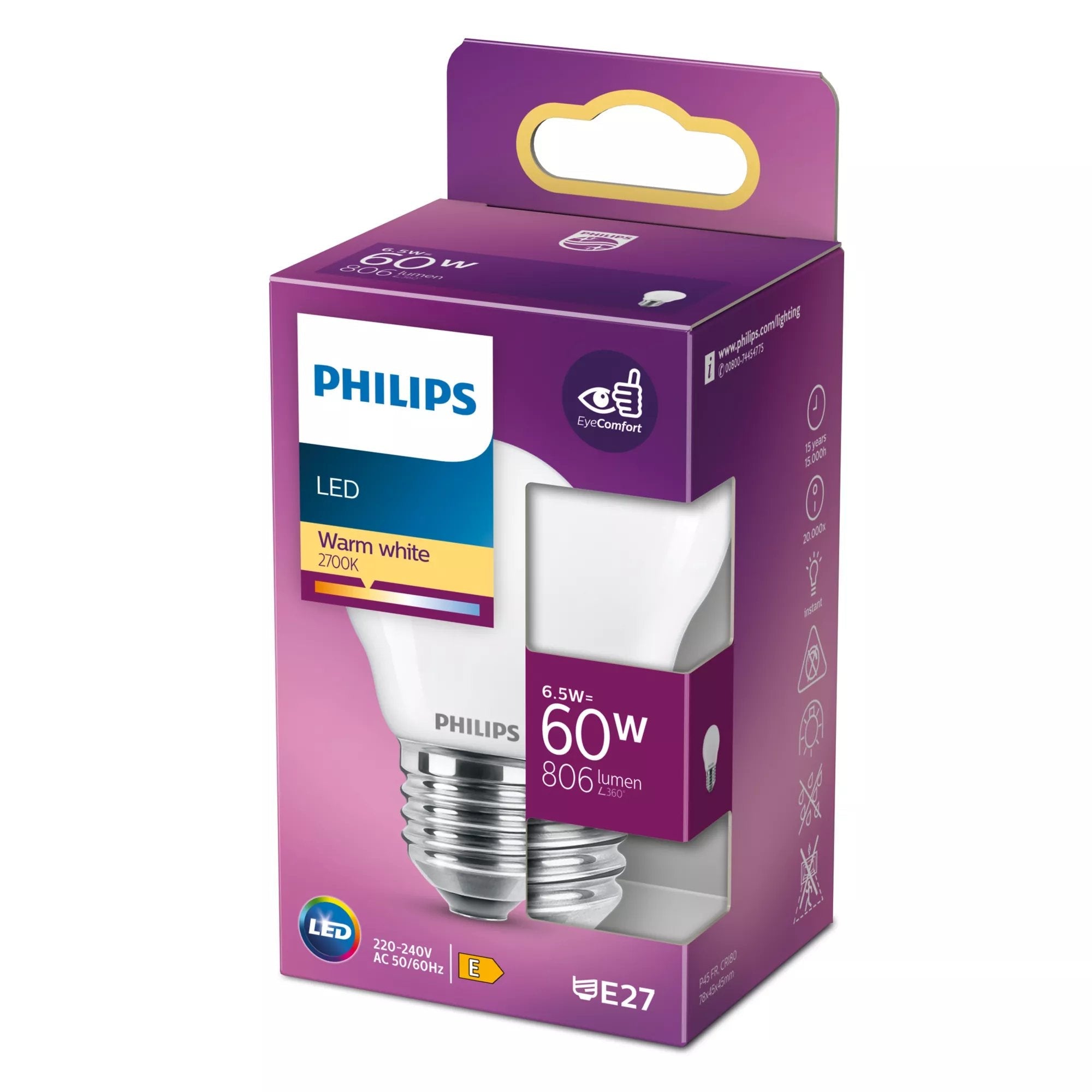 Bombilla Esferica Led E27 6,5 W 806 Lm 2700 K Luz Calida Ø4,5 X 7,8 Cm