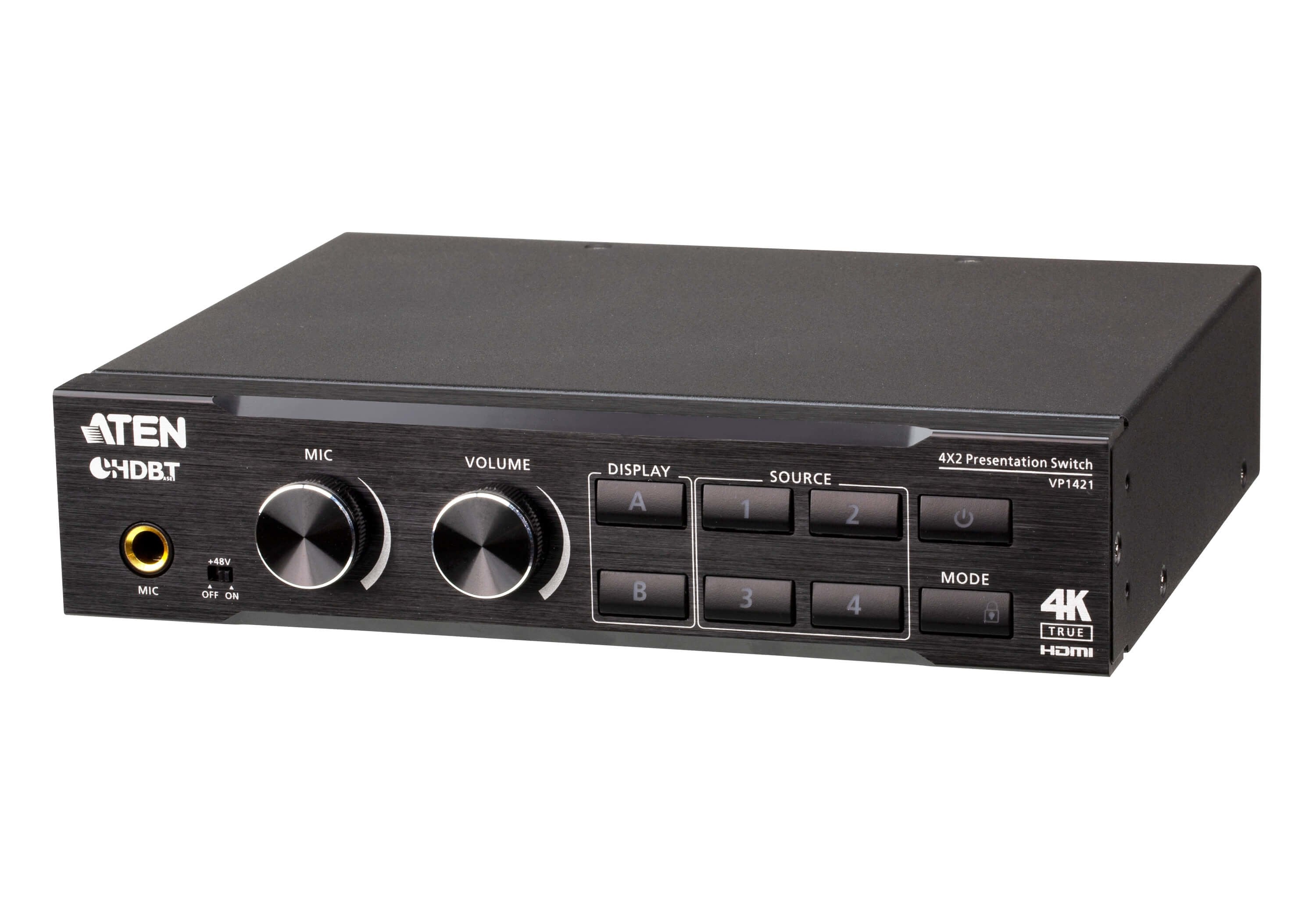 Aten Switch De Presentación True 4k 4 X 2 Con Escalador De Vídeo, Dsp Y Hdbaset-Lite
