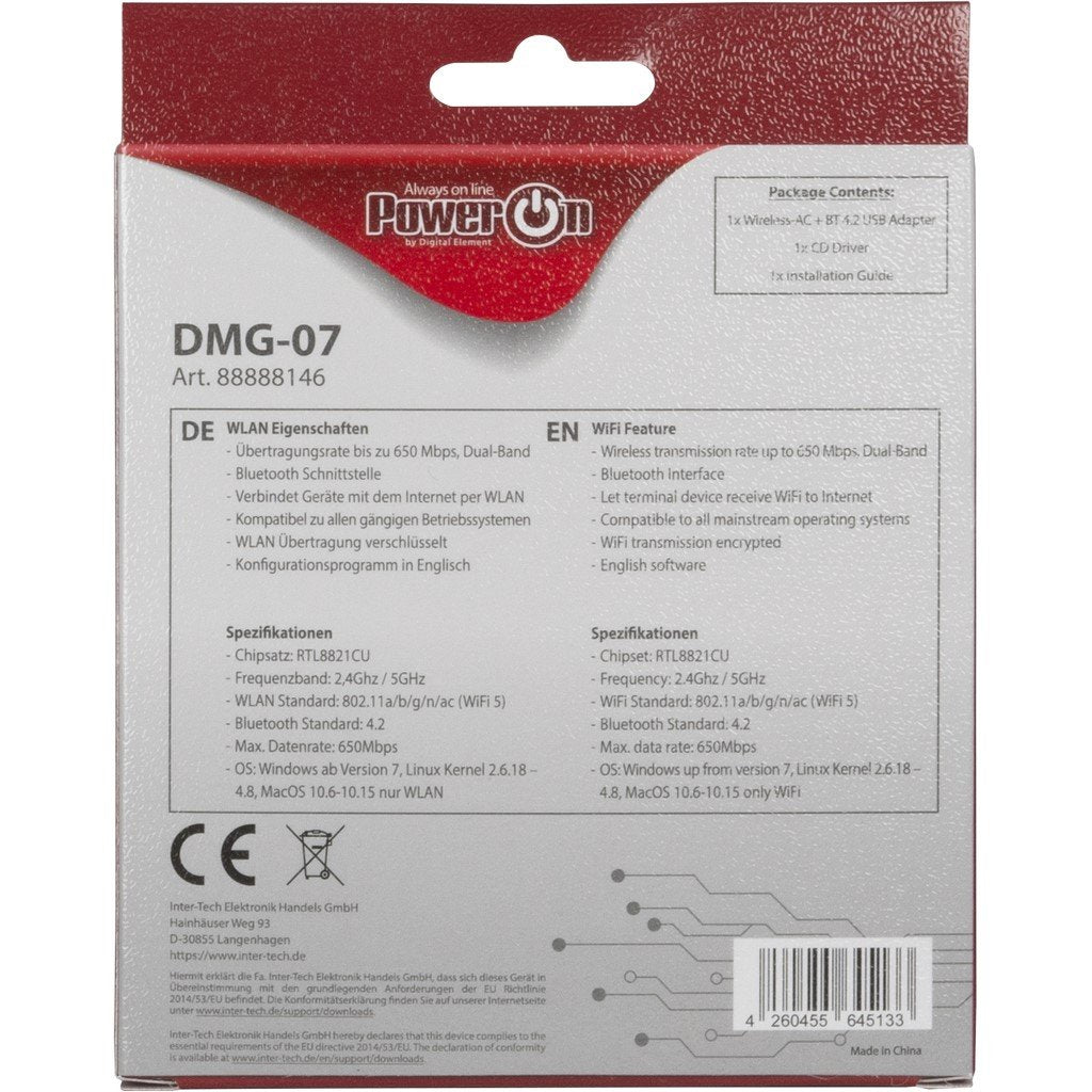 Inter-Tech Dmg-07 Adaptador Usb Wifi Ac/Bluetooth 650 Mbit/S