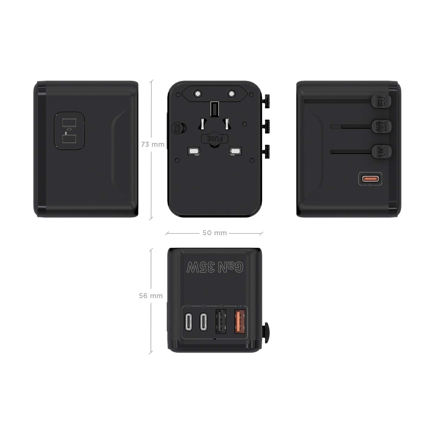 Aisens Adaptador Enchufe Universal Para Viaje Eu/Usa/Uk/Au Con Cargador Usb Gan, 2xusb-A (A1 Qc3.0), 3xusb-C (C1 Pd3.0) 35w, Negro