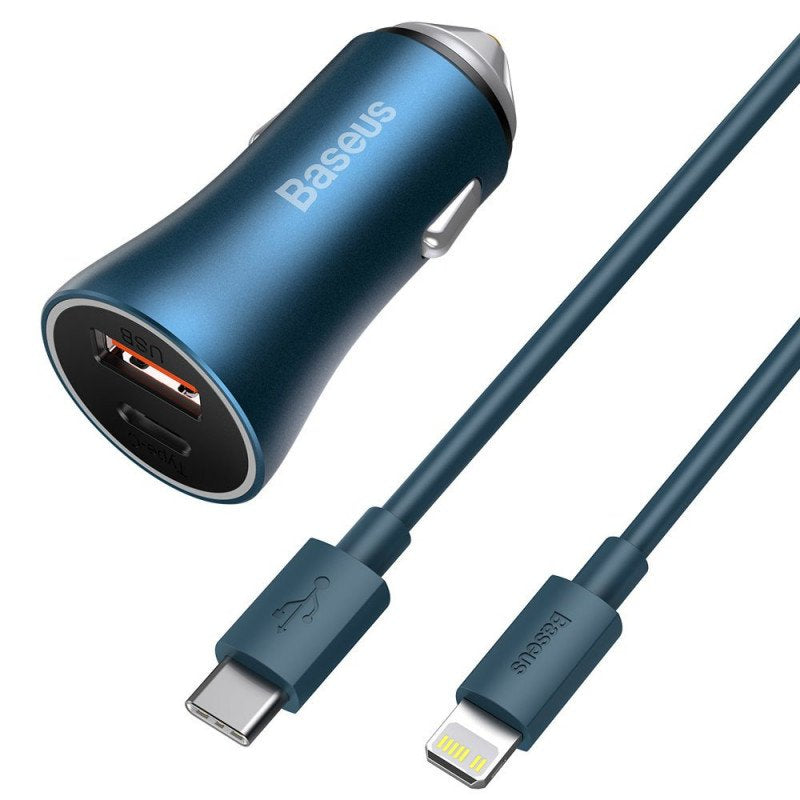 Ladowarka Samochodowa Baseus Golden Contactor Pro, Usb + Usb-C, Qc4.0+, Pd, Scp, 40w (Niebieska) + Kabel Usb-C Do Lightning 1m (Niebieski)