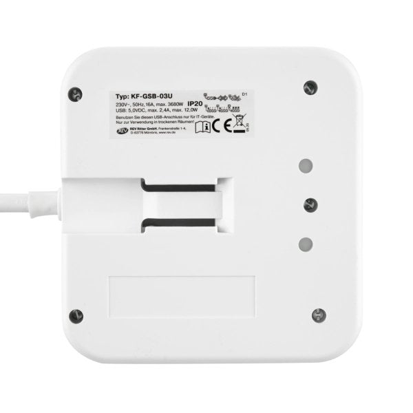Rev Powerquad 3-Fold Power Strip + 2x Usb White