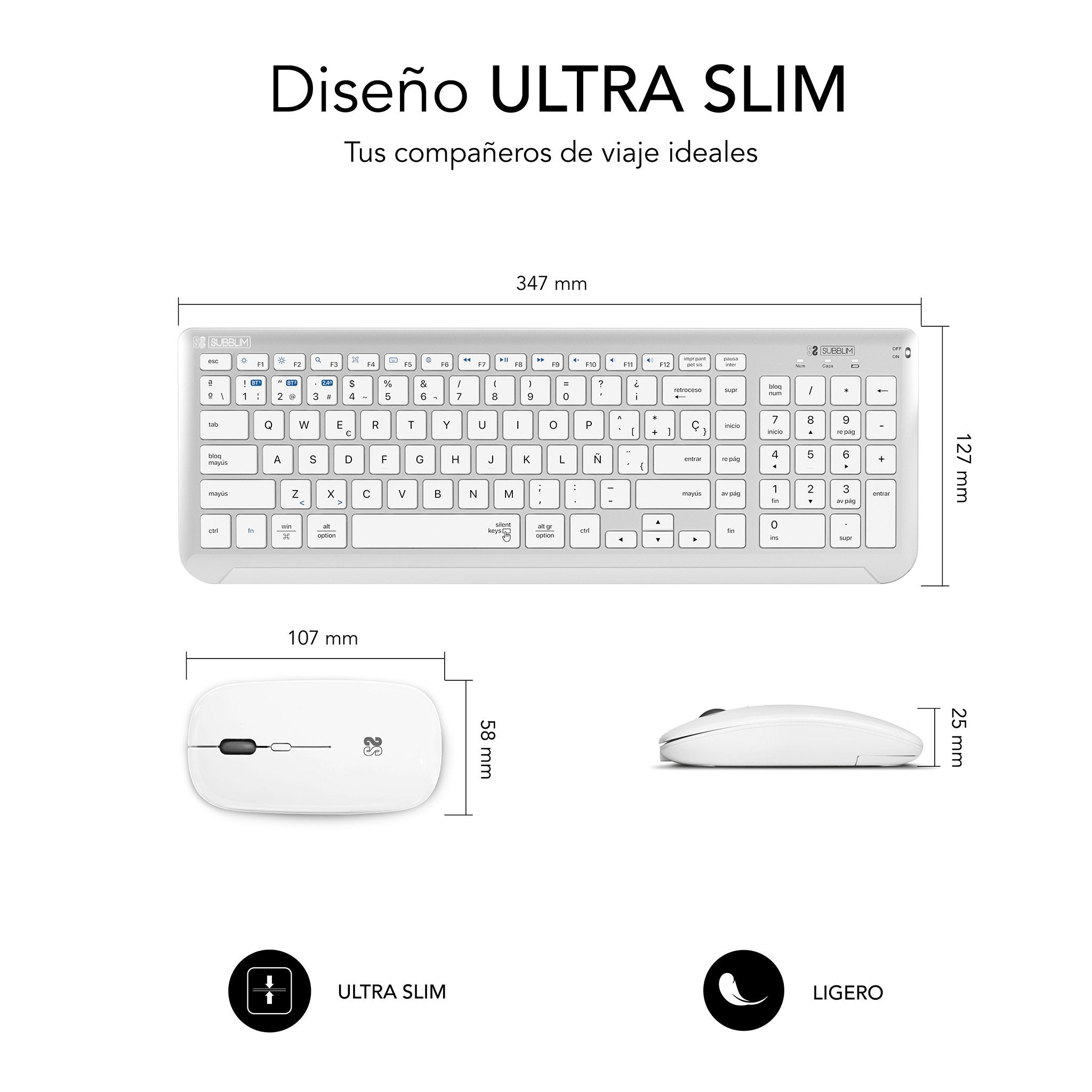 Teclado Y Ratón Inalámbrico Subblim Combo Dual Prestige Extendido Blanco Y Plata Español