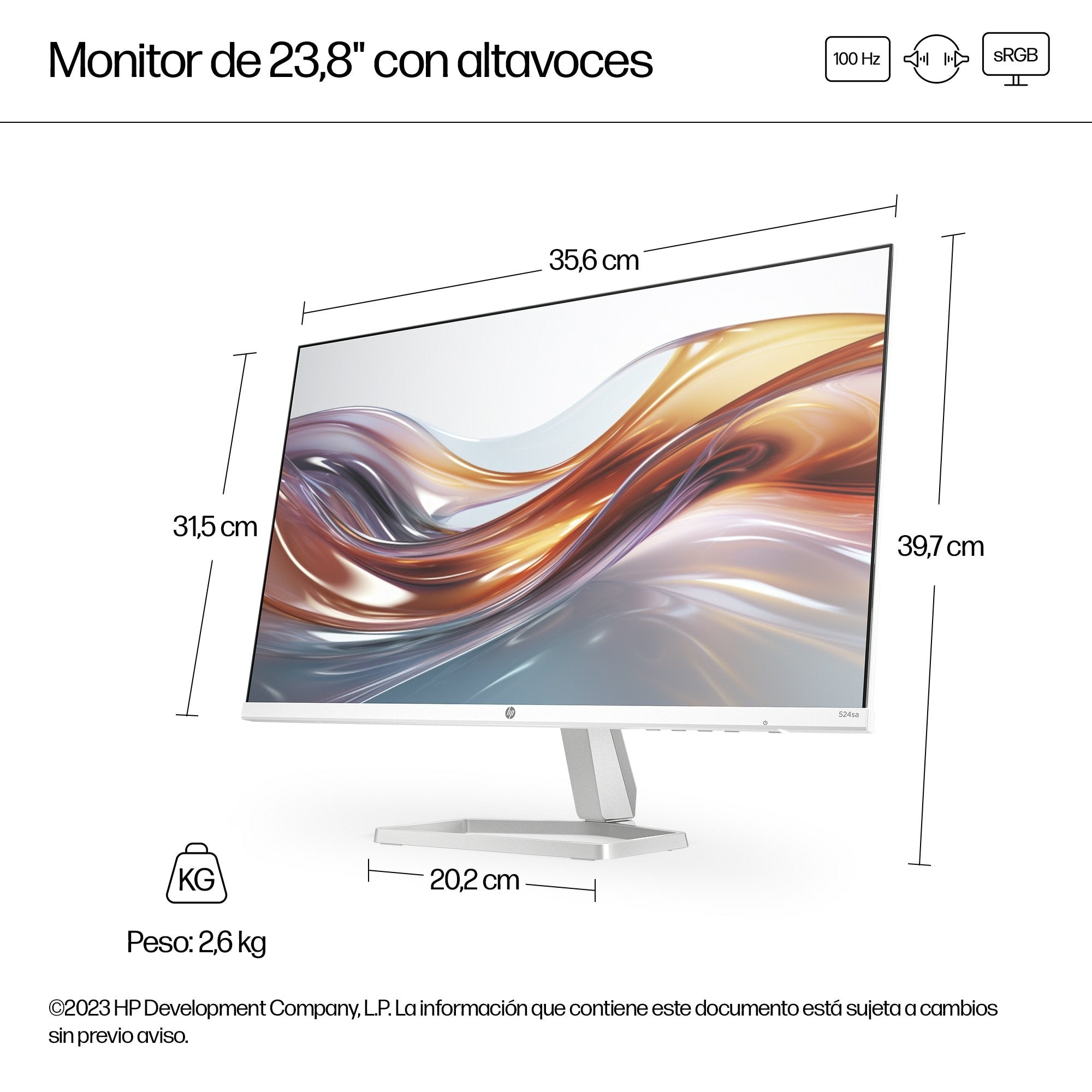 Hp 524sa, Monitor Led 23,8" Blanco/Plateado, Fullhd, Ips, Hdmi, Vga, Altavoces, Panel De 100 Hz)