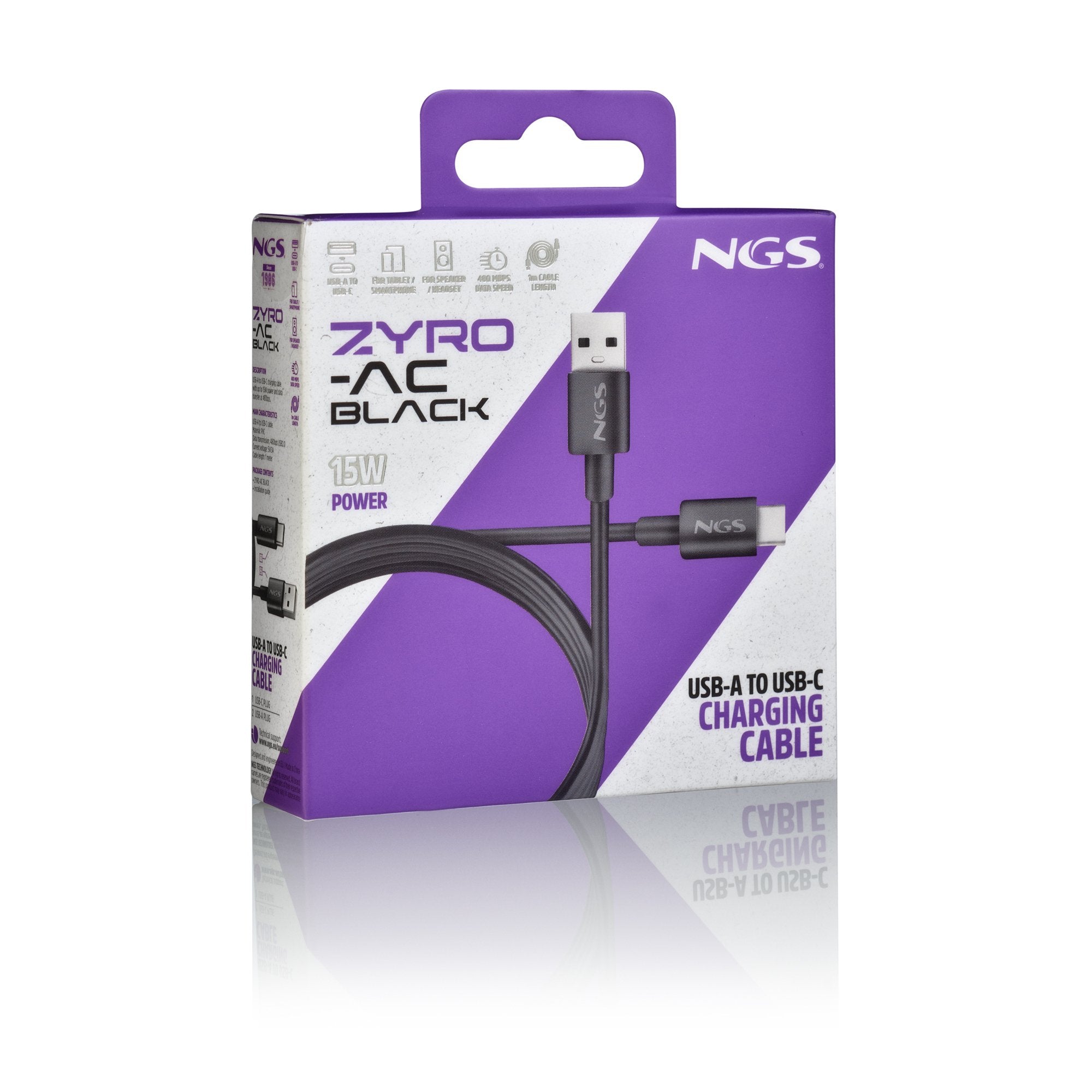 Cable Usb 2.0 Ngs Zyro-Ac Usb Macho Usb Tipo-C Macho Hasta 15w 480mbps 1m Negro