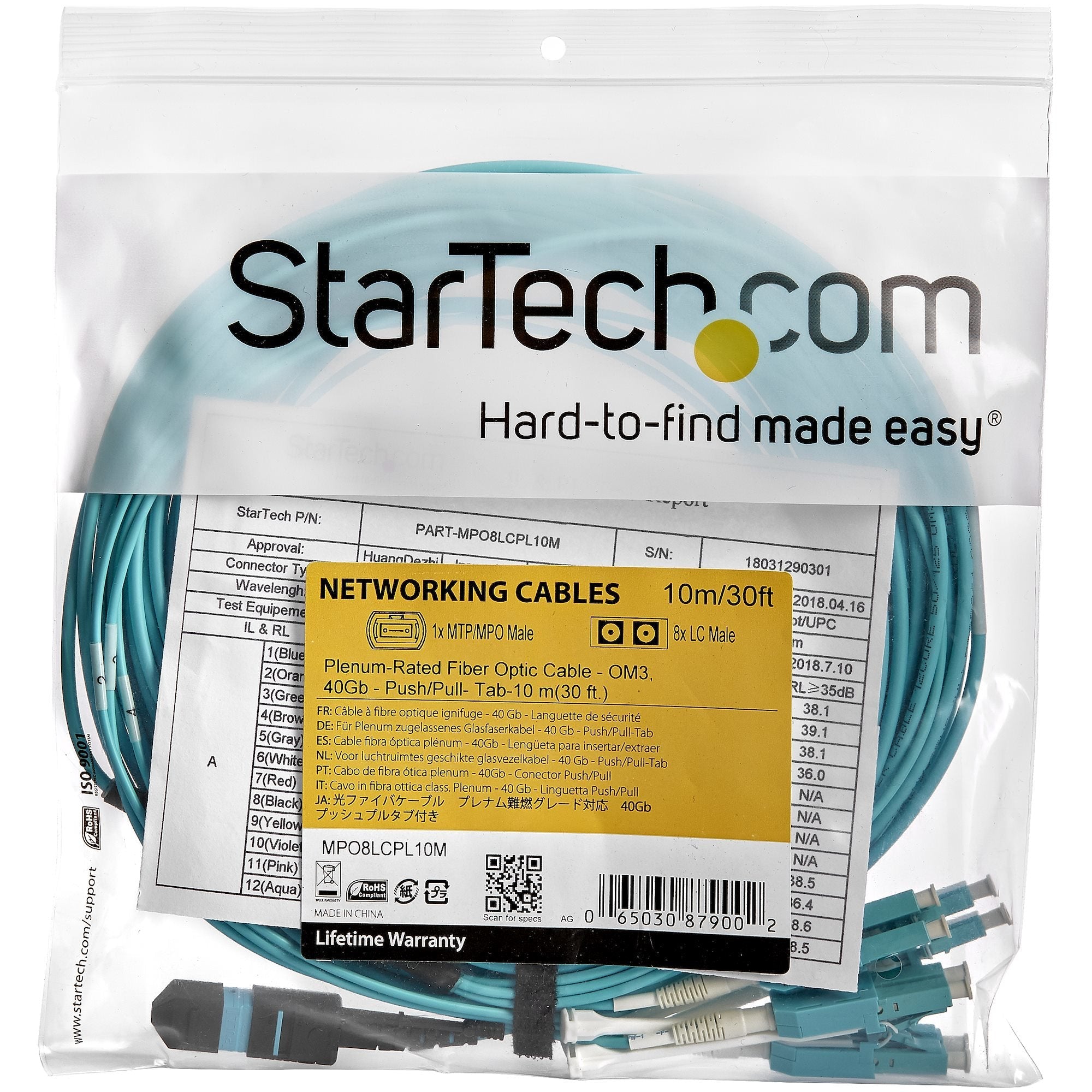 Startech.Com 10 M Mpo/Mtp A Lc Breakout Cable De Fibra Óptica - Push/Pull-Tab - Kabelpeitsche - Mtp/Mpo-Multi-Modus (W)