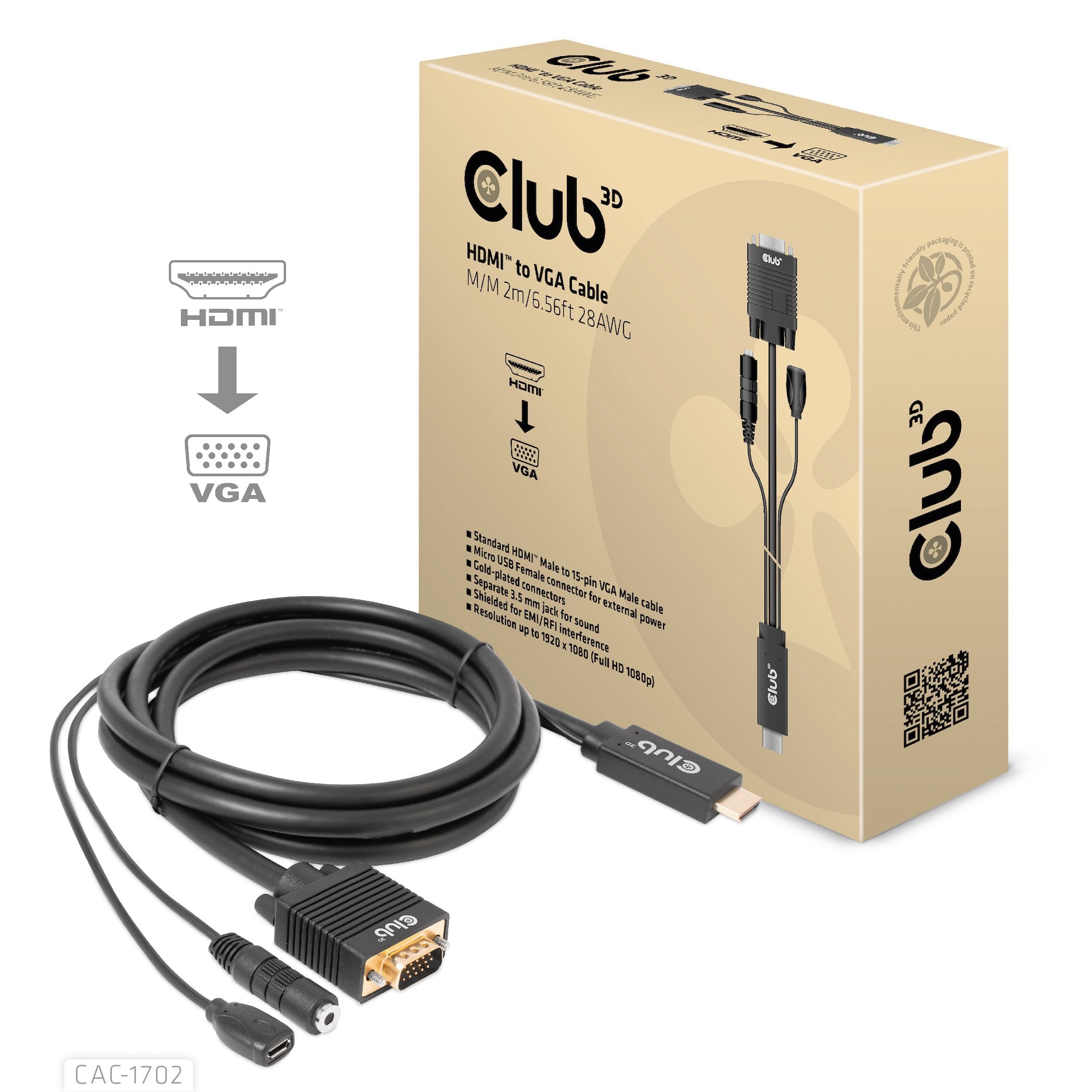 EAN 8719214472221 - CLUB3D CAC-1712 adaptador de cable de vídeo 2 m VGA (D-Sub) + 3,5mm HDMI + Micro-USB Negro imagen 3