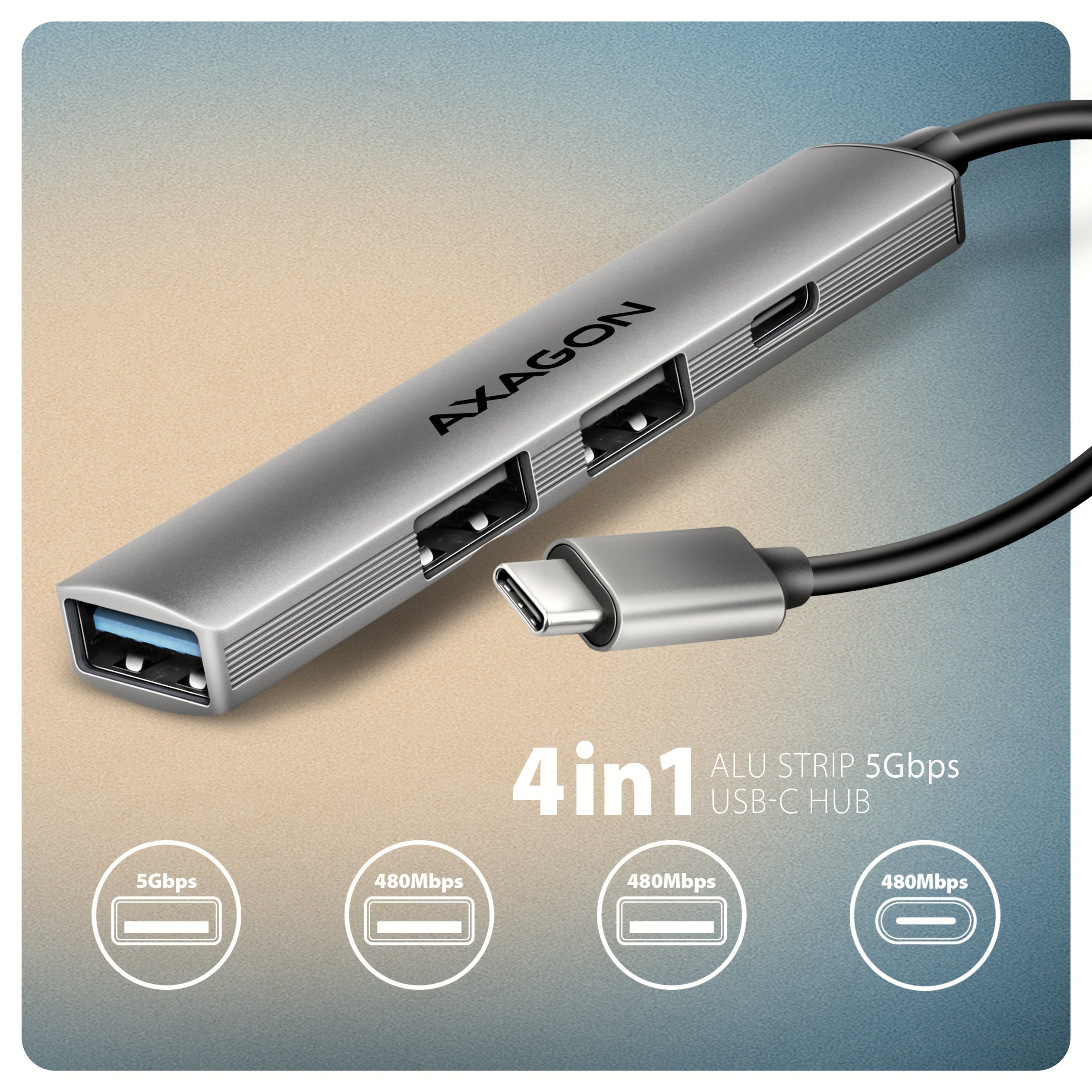 Axagon Hub Usb Hue-Stc, 4x Usb Alu Strip Hub, 1x Usb-A 5gbps, 2x Usb-A & 1x Usb-C 480mbps, Kabel Usb-C 12cm Usb 3.2 Gen 1 (3.1 Gen 1) Type-C 5 Mbit/S Gris