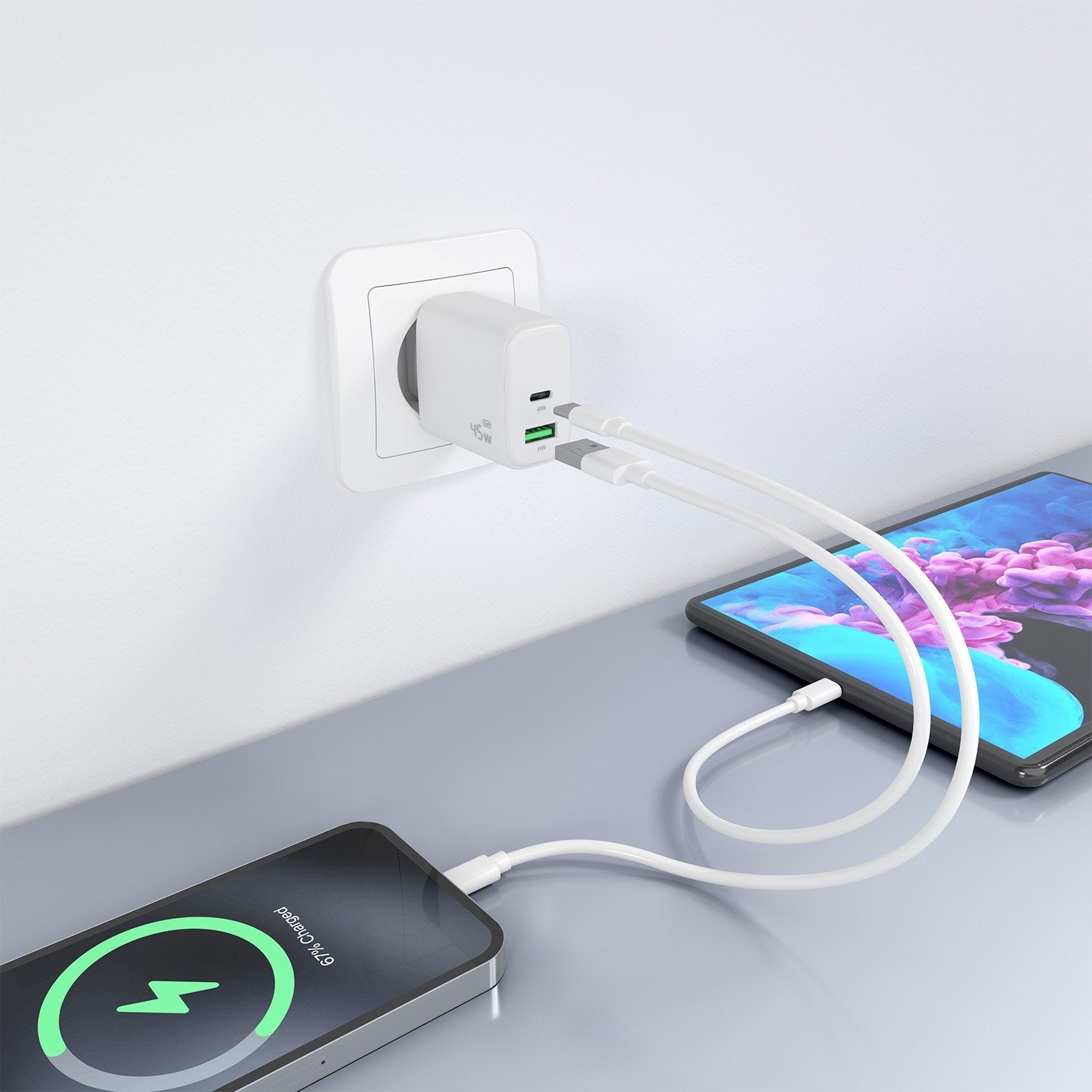 Aisens Cargador Gan 45w, 1xusb-C Pd3.0 Qc4.0, 1xusb-A Qc3.0, Blanco