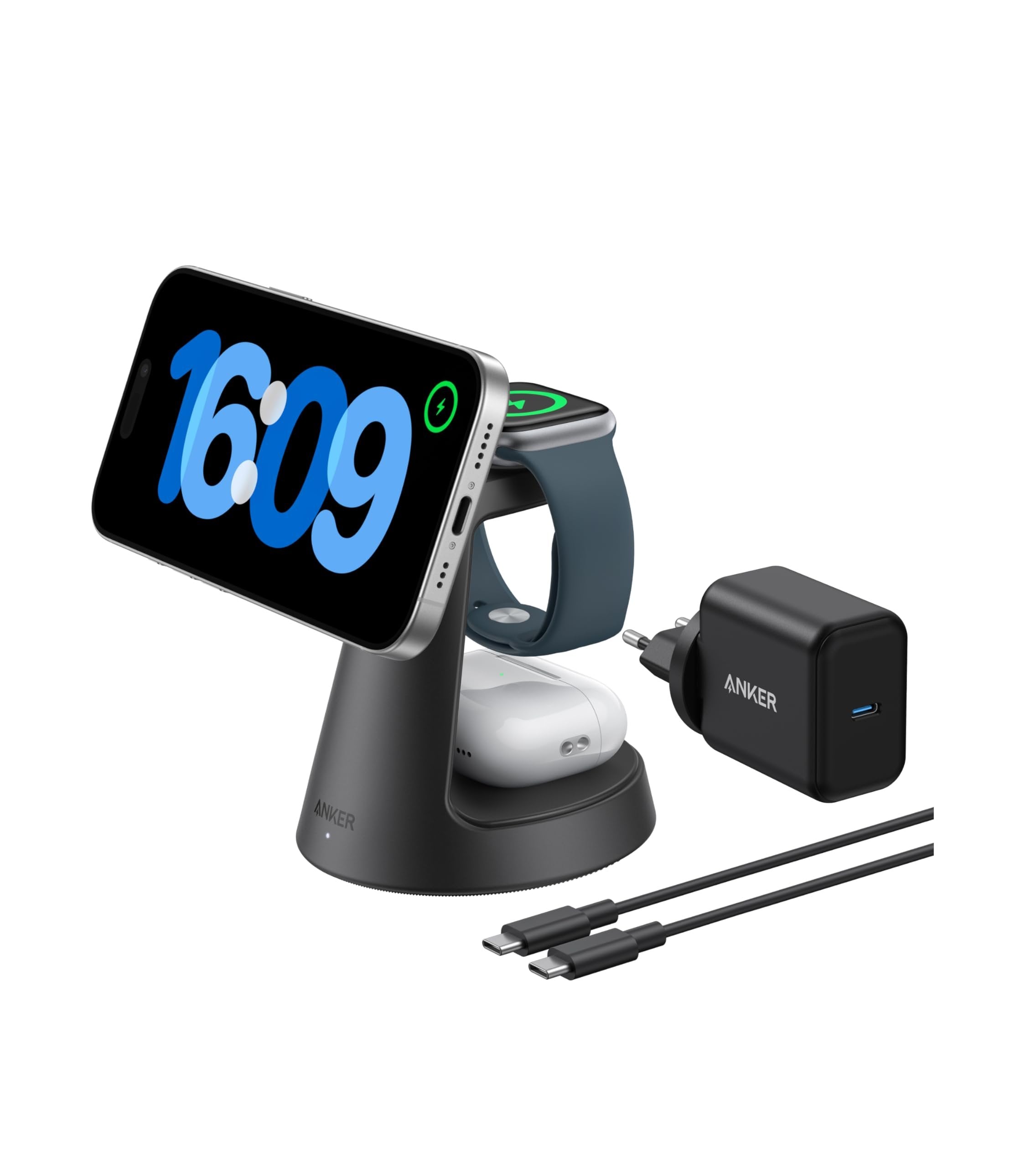 Anker Maggo 3-In-1 Charging Station Cablelose Ladestation Schwarz Qi2 15w Inkl. Zertifiziertes Modul Fr Apple Watch