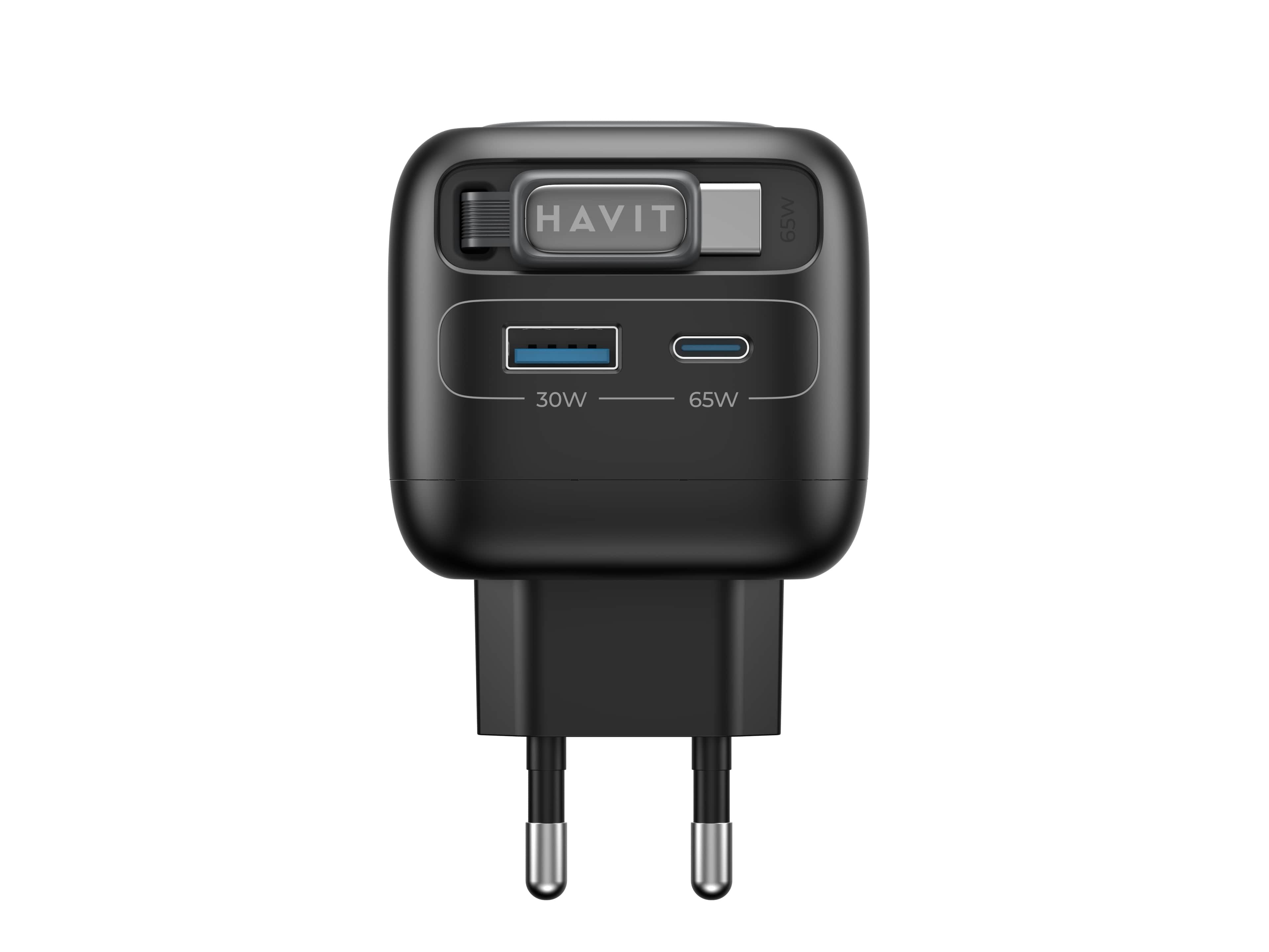 Havit Uc253 Eu - Cargador De Viaje Gan Con Cable Extensible, 65 W (Negro)