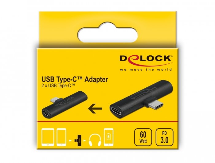 Adaptador De Delock Usb 2.0, Conector Usb-C 90 °> 2x Usb-C Socket Black, Pd, Compre Con Hasta 60 Vatios 64114