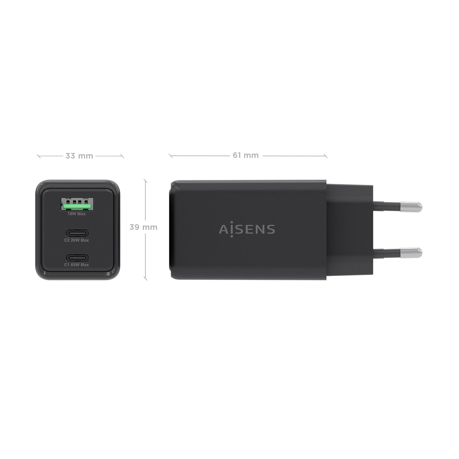 Aisens Cargador Gan 65w, 2xusb-C Pd3.0 Qc4.0, 1xusb-A Qc3.0, Negro
