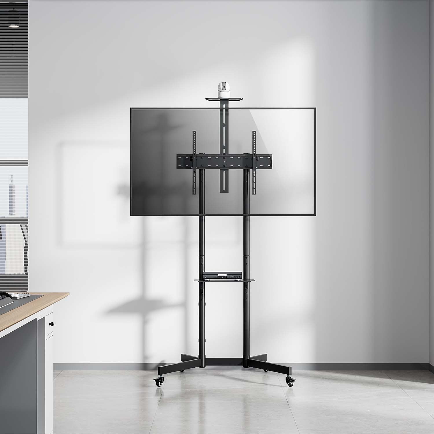 Aisens Soporte De Suelo Eco Con Rueda, Bandeja Para Dvd Y Soporte De Cámara Para Monitor/Tv 45kg De 37-70, Negro