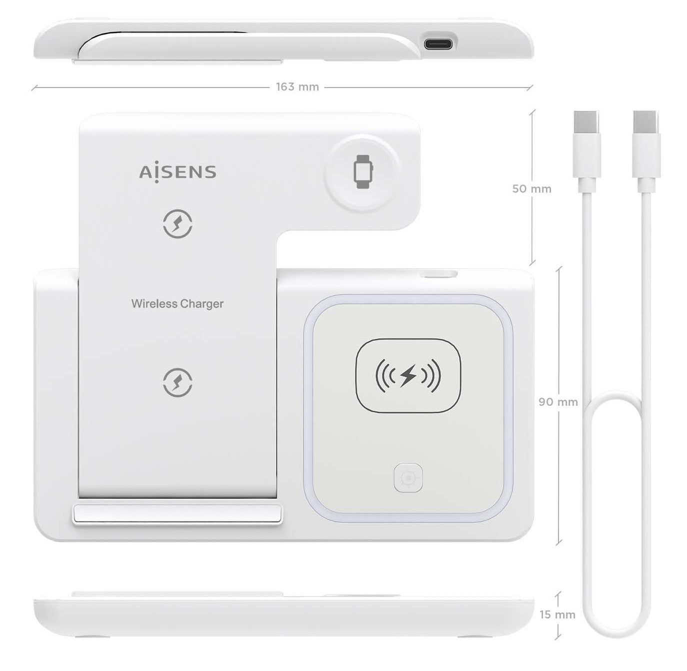Aisens Cargador Inalambrico Usb-C 3 En 1 De 15w Para Movil, Apple Watch, Ariculares Con Estuche De Carga, Blanco