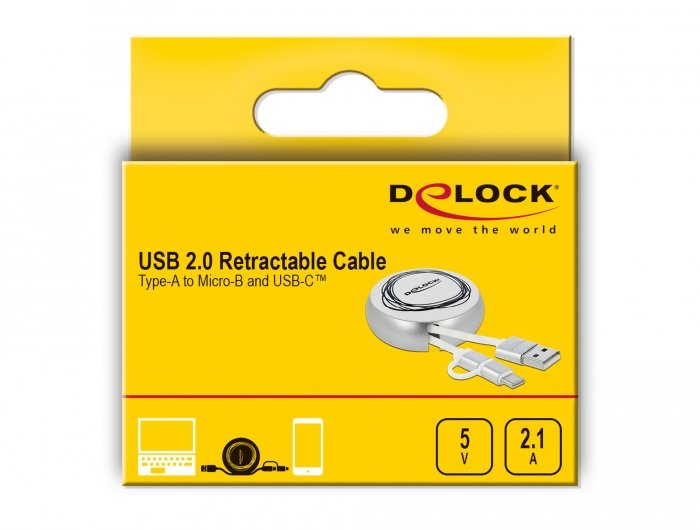 Delock Usb 2.0 2 In 1 Aufrollcable Typ-A Zu Micro-B Und Lightning 8 Pin Weiss Gold
