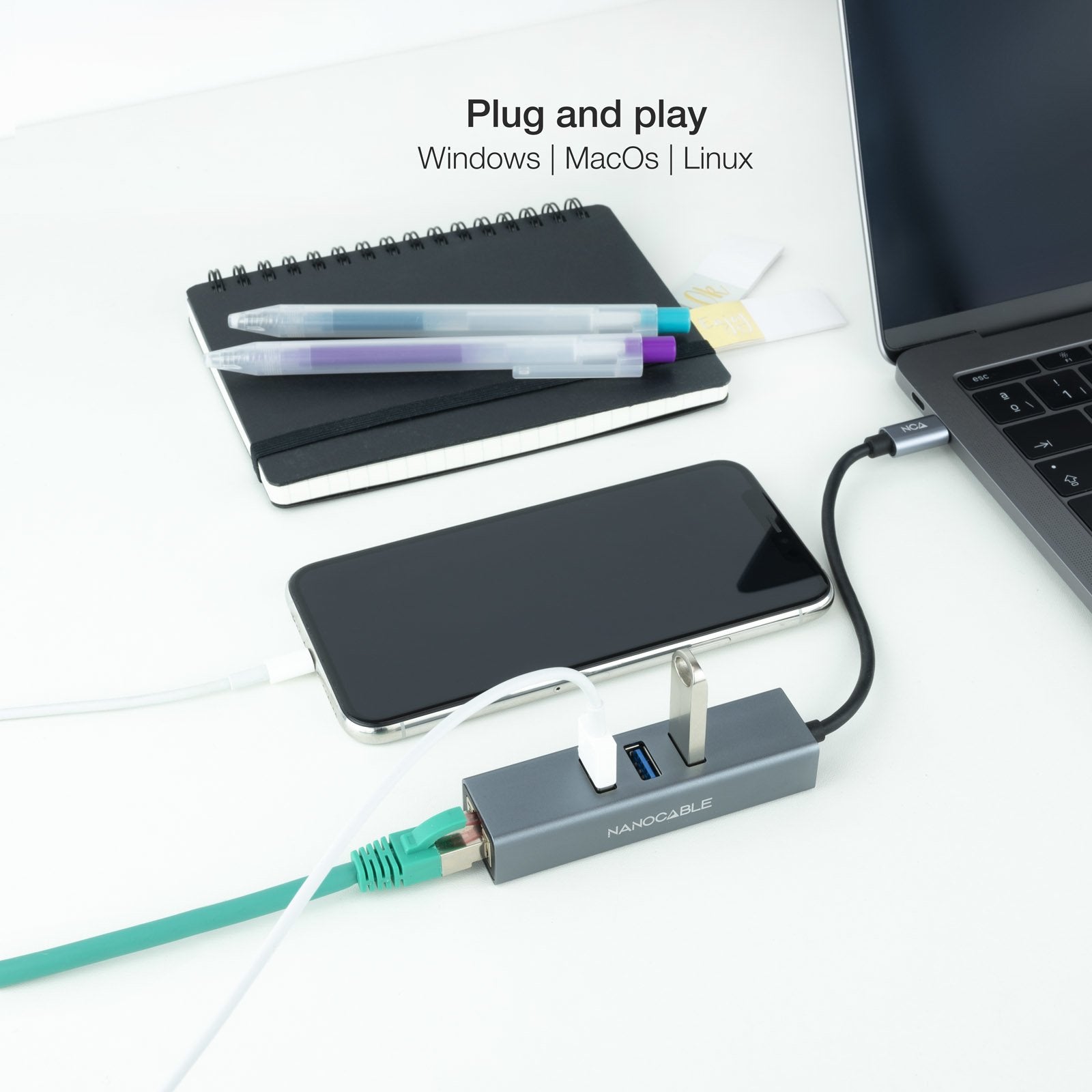 Nanocable Adaptador De Red Usb-C A Ethernet Gigabit 10/100/1000 Mbps + 3 Puertos Usb 3.0