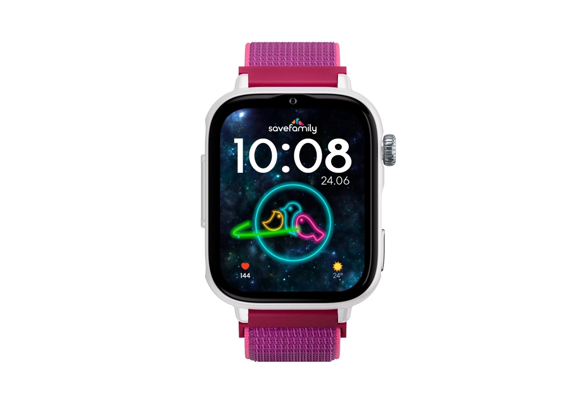 Savefamily Reloj Inteligente Infantil Savewatch Plus 2 - Pantalla Amoled - Carcasa Blanca - Correa Tela Frambuesa