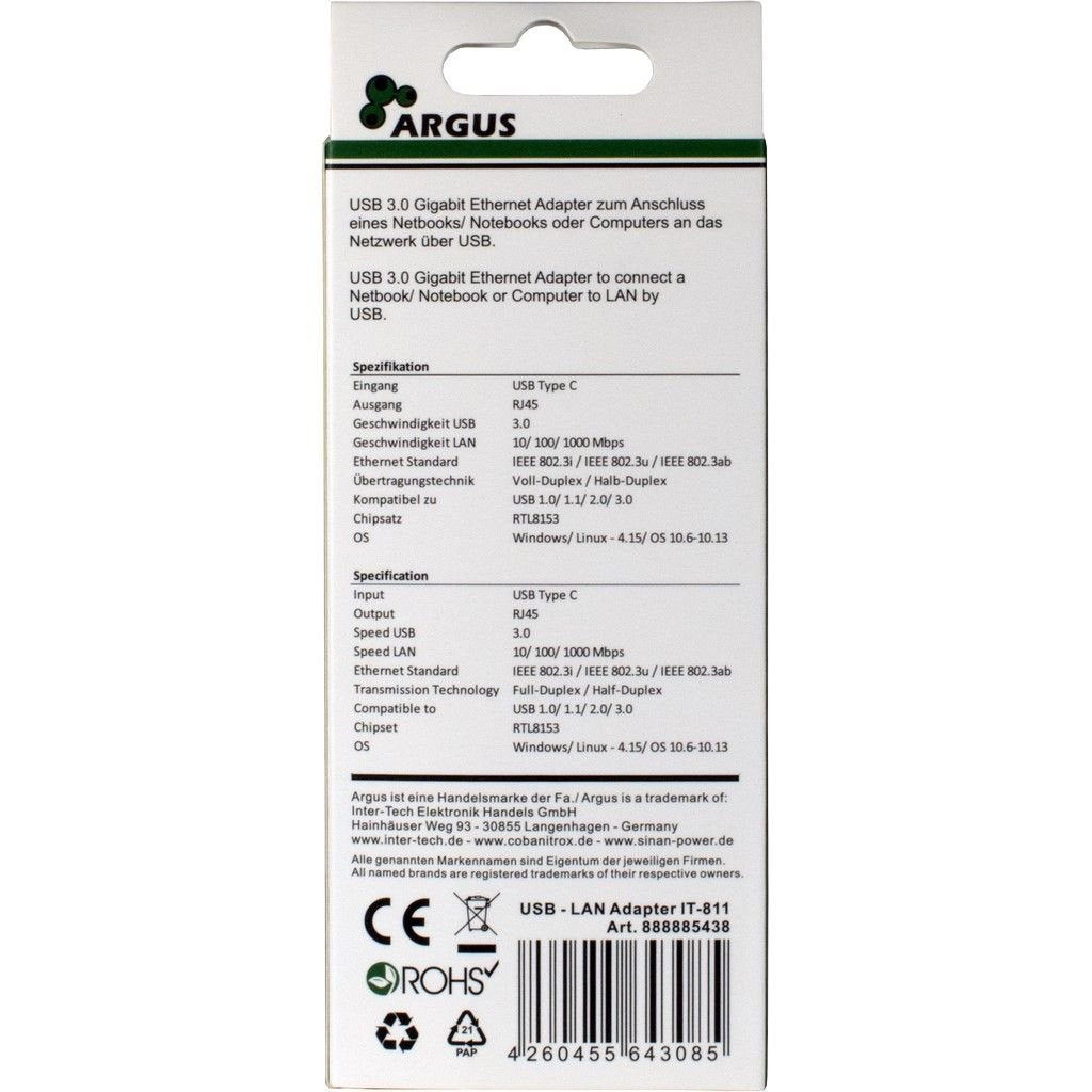 Inter-Tech Argus It-811 Usb-C Rj-45 Negro