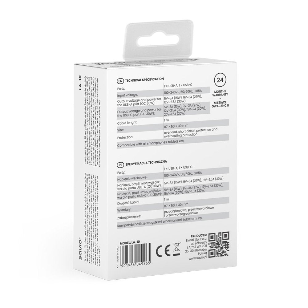Ladowarka Sieciowa La-10 30w Quick Charge Power Delivery 3.0 Biala + Kabel
