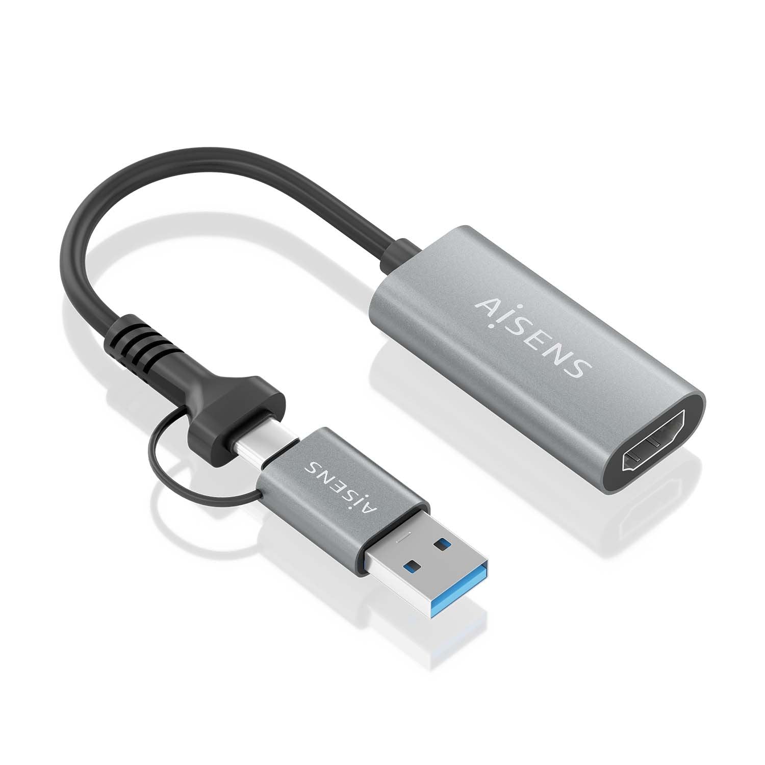 Aisens Conversor Aluminio Usb-A+Usb-C A Hdmi 1080p@60hz, Usb-A/M+Usb-C/M-Hdmi/H, Gris, 15cm