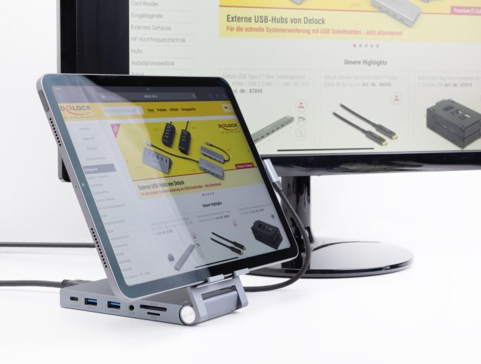 Delock 88199 Dockingstation Para Tablet Y Portatil 4k Con Soporte Integrado - Hdmi / Usb / Hub / Sd / Micro Sd / Pd 3.0 - Plegable