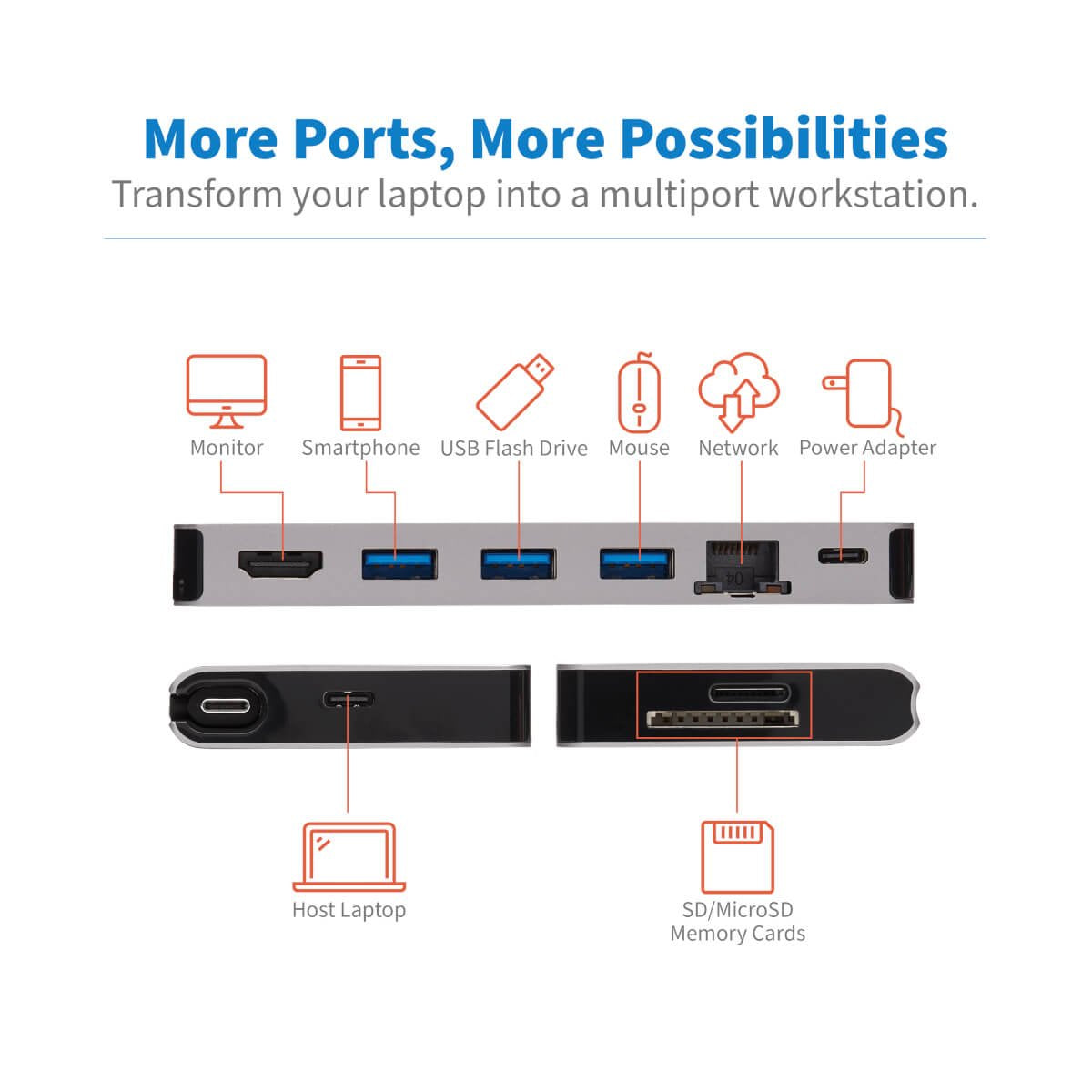 Stacja Dokujaca Usb-C 4k Hdmi, Usb 3.2 Gen 1, Koncentrator Usb-A, Gbe, Karta Pamieci, Ladowanie Pd 100 W, Odlaczany Przewód U442-Dock5d-Gy