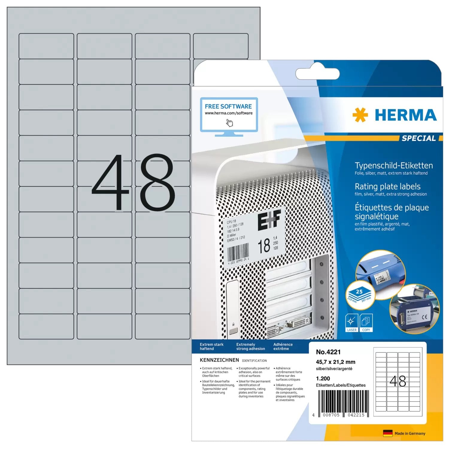EAN 4008705042215 - HERMA 4221 etiqueta autoadhesiva Rectángulo redondeado Permanente Plata 1200 pieza(s) imagen 1