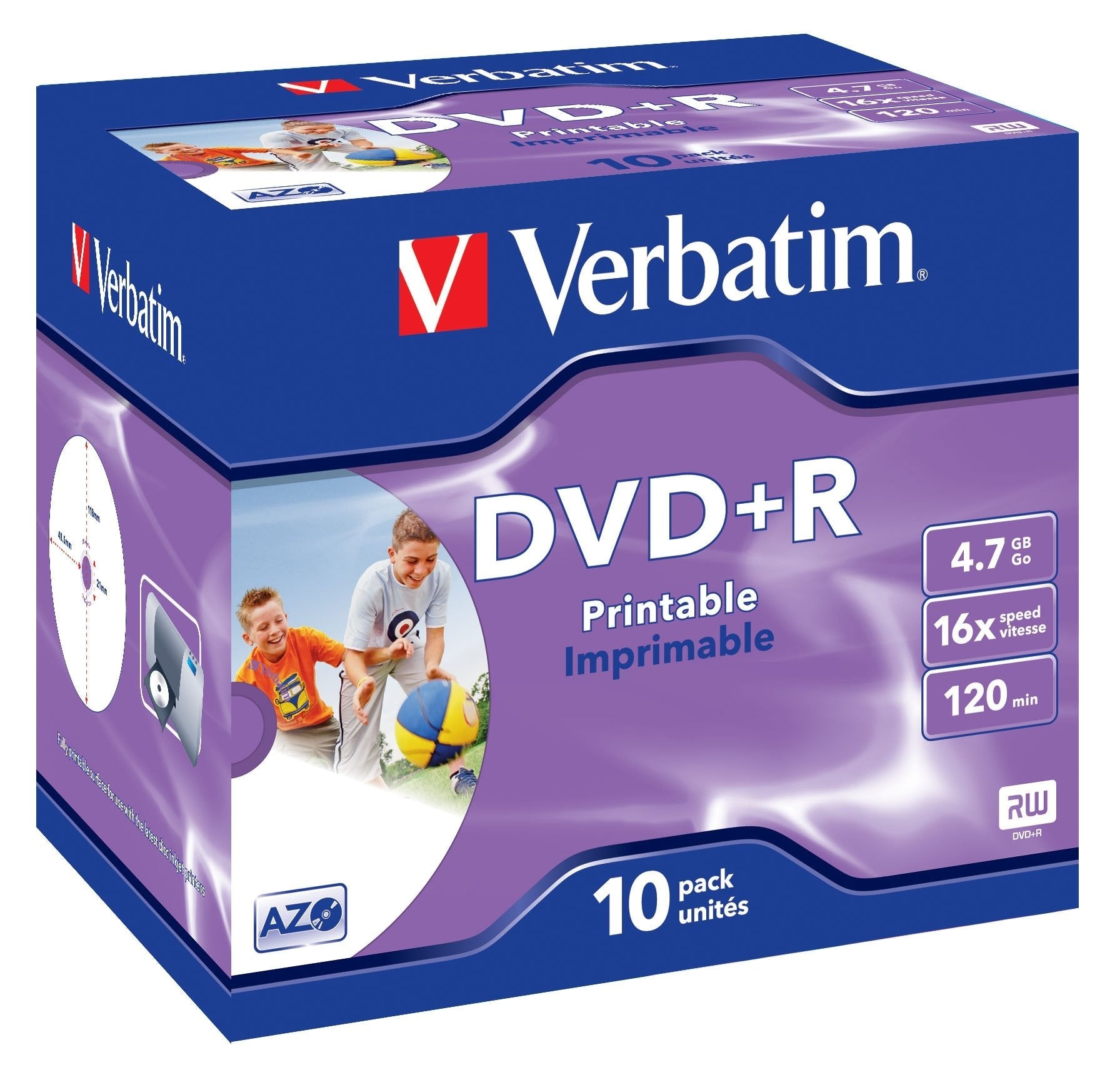 Verbatim Dvd+R, 4.7gb, 16x, 10 Pack Branded Jewel Case, Superficie Wide Inkjet Printable
