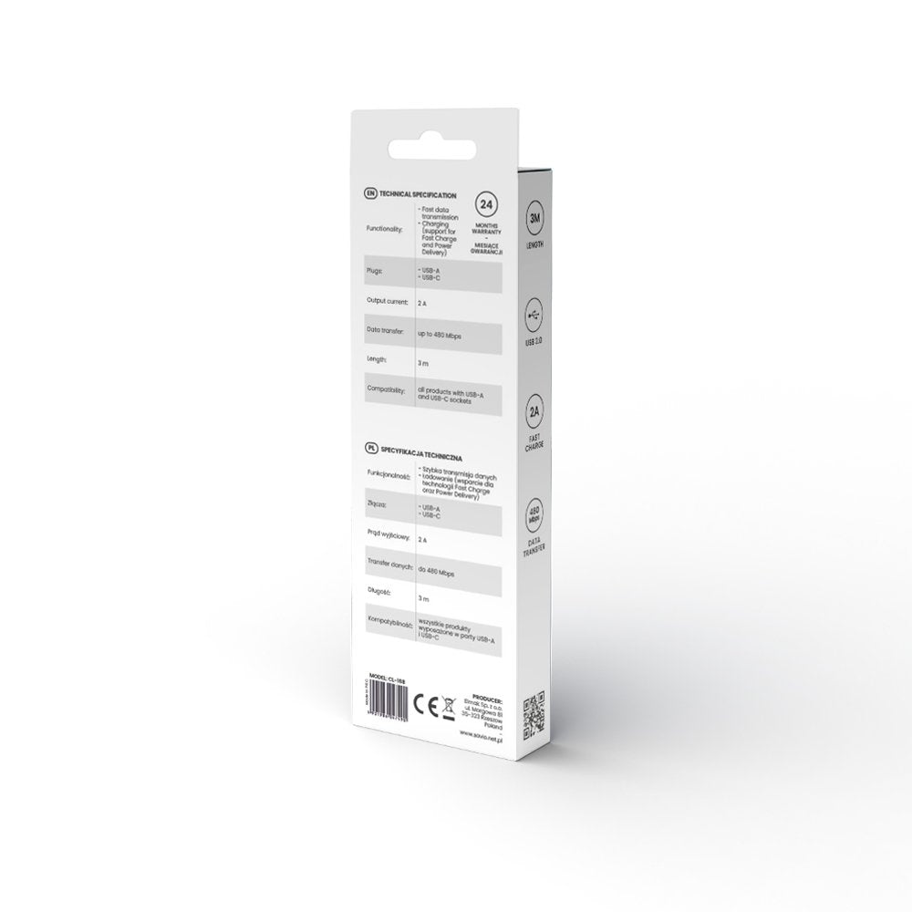 EAN 5901986047490 - Savio USB cable 2 m USB 2.0 USB A - USB C White CL-168 cable USB 3 m Blanco imagen 4