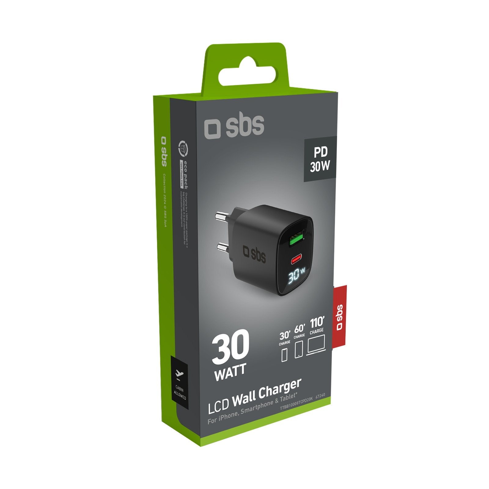 Sbs Pd Reiselader 30w Usb-C/18w Usb Lcd Gan Schwarz
